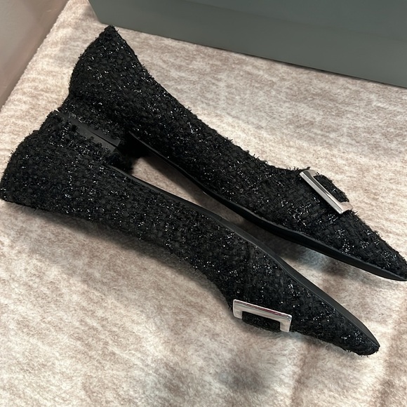 Sparkly Black Tweed Fabric & Silver Buckle Ballet Flats Pointed Toe Size 38 #P04 - Picture 6 of 11